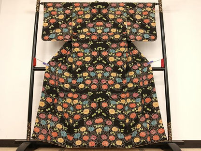 平和屋着物●上質な小紋 型染め 菊 黒地 正絹 逸品 AABA4478np