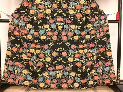 平和屋着物●上質な小紋 型染め 菊 黒地 正絹 逸品 AABA4478np