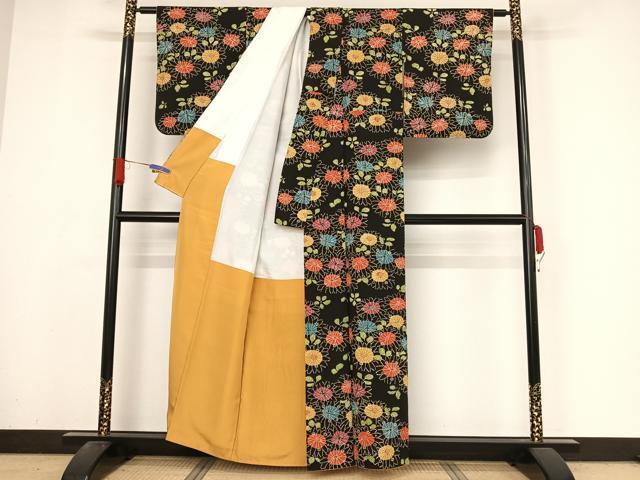 平和屋着物●上質な小紋 型染め 菊 黒地 正絹 逸品 AABA4478np