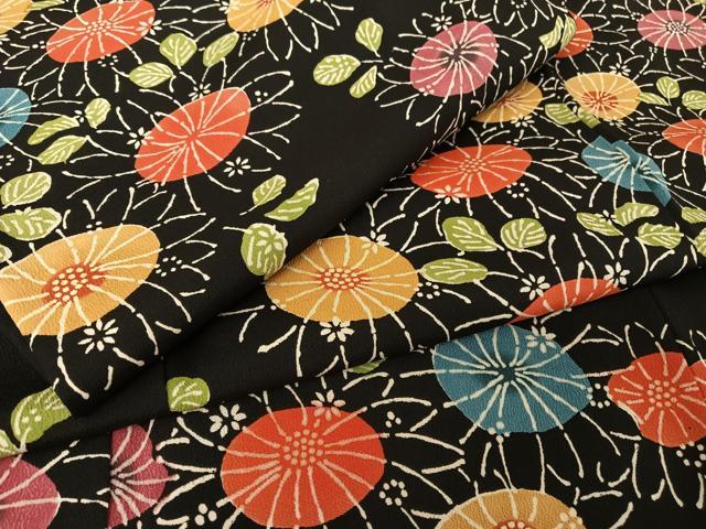 平和屋着物●上質な小紋 型染め 菊 黒地 正絹 逸品 AABA4478np
