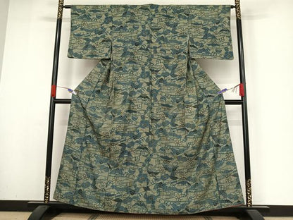 平和屋着物●上質な小紋 型染め 藍 流水風景文 正絹 逸品 AABA4480np