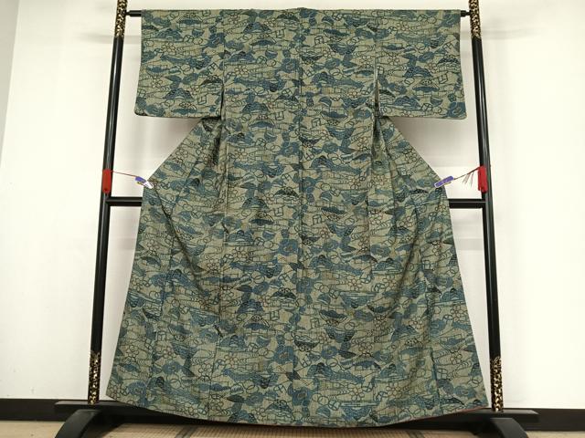 平和屋着物●上質な小紋 型染め 藍 流水風景文 正絹 逸品 AABA4480np