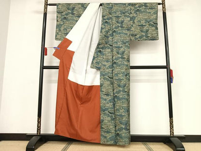 平和屋着物●上質な小紋 型染め 藍 流水風景文 正絹 逸品 AABA4480np