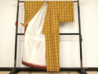 平和屋着物●本場黄八丈　綾織　格子　正絹　逸品　AABI2619cs