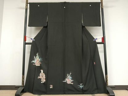 平和屋着物●豪華黒留袖　友禅　作家物　花篭　人物文　正絹　逸品　AABA4501np