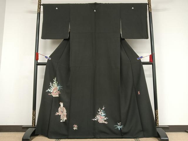 平和屋着物●豪華黒留袖　友禅　作家物　花篭　人物文　正絹　逸品　AABA4501np