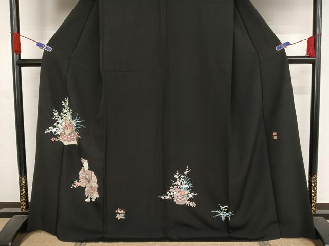 平和屋着物●豪華黒留袖　友禅　作家物　花篭　人物文　正絹　逸品　AABA4501np