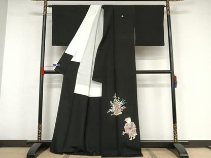 平和屋着物●豪華黒留袖　友禅　作家物　花篭　人物文　正絹　逸品　AABA4501np