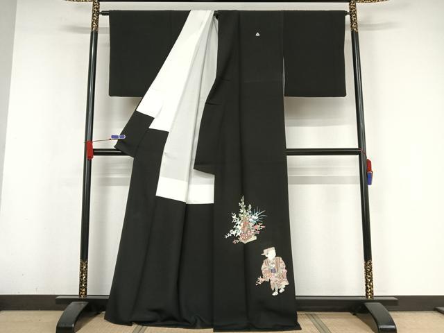 平和屋着物●豪華黒留袖　友禅　作家物　花篭　人物文　正絹　逸品　AABA4501np
