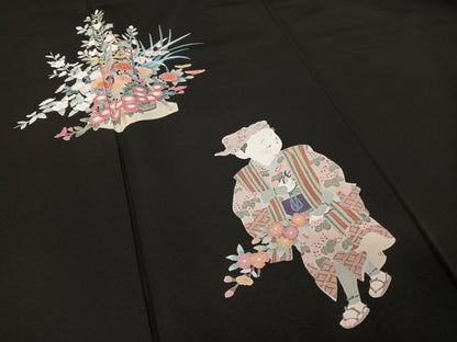 平和屋着物●豪華黒留袖　友禅　作家物　花篭　人物文　正絹　逸品　AABA4501np