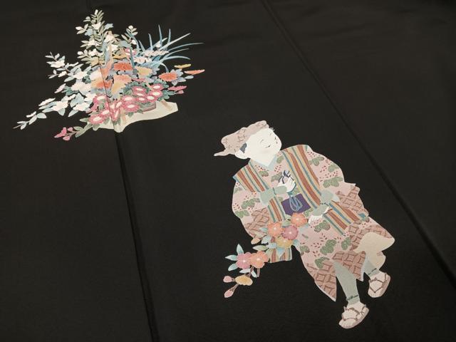 平和屋着物●豪華黒留袖　友禅　作家物　花篭　人物文　正絹　逸品　AABA4501np