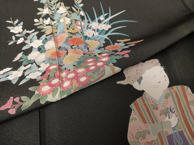 平和屋着物●豪華黒留袖　友禅　作家物　花篭　人物文　正絹　逸品　AABA4501np
