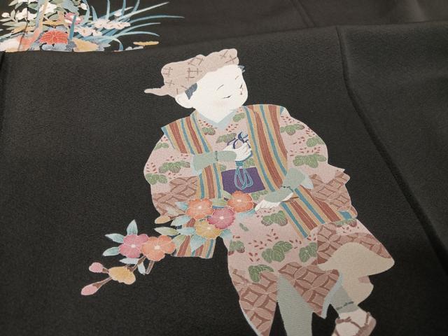 平和屋着物●豪華黒留袖　友禅　作家物　花篭　人物文　正絹　逸品　AABA4501np