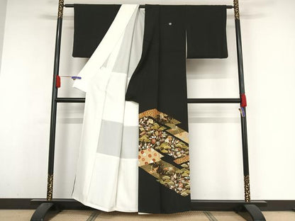平和屋着物●豪華黒留袖 駒刺繍 飛鶴吉祥文 金糸 金彩 正絹 逸品 AABA4509np