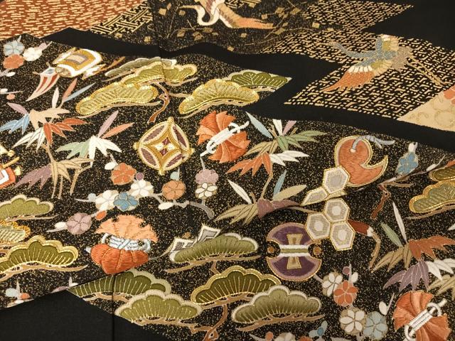 平和屋着物●豪華黒留袖 駒刺繍 飛鶴吉祥文 金糸 金彩 正絹 逸品 AABA4509np