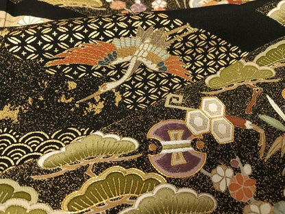 平和屋着物●豪華黒留袖 駒刺繍 飛鶴吉祥文 金糸 金彩 正絹 逸品 AABA4509np
