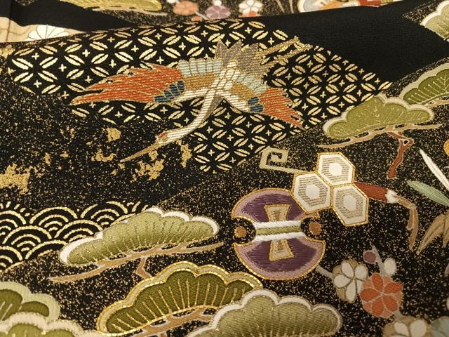 平和屋着物●豪華黒留袖 駒刺繍 飛鶴吉祥文 金糸 金彩 正絹 逸品 AABA4509np