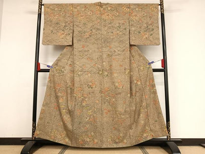 平和屋着物●上質な小紋 生紬地 草花文 正絹 逸品 AABA4529np