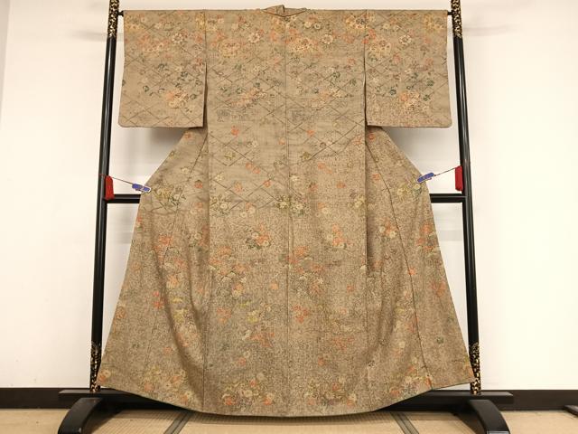 平和屋着物●上質な小紋 生紬地 草花文 正絹 逸品 AABA4529np