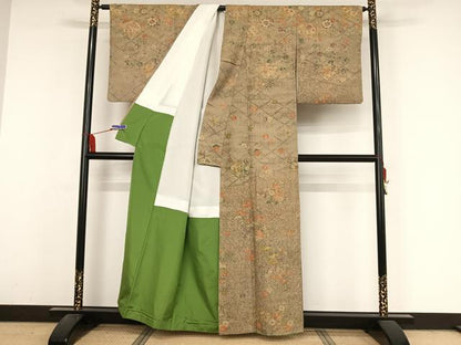 平和屋着物●上質な小紋 生紬地 草花文 正絹 逸品 AABA4529np