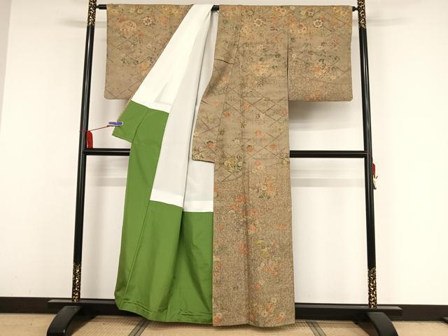 平和屋着物●上質な小紋 生紬地 草花文 正絹 逸品 AABA4529np
