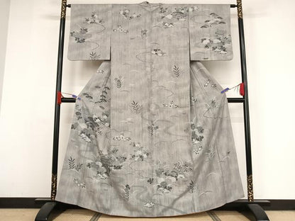 平和屋着物●訪問着 紬地 風景草花文 正絹 逸品 AABA4543np