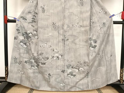 平和屋着物●訪問着 紬地 風景草花文 正絹 逸品 AABA4543np