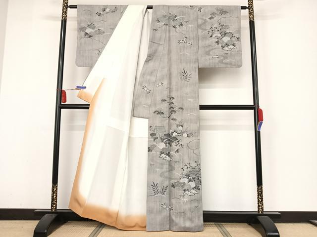 平和屋着物●訪問着 紬地 風景草花文 正絹 逸品 AABA4543np