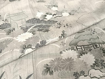 平和屋着物●訪問着 紬地 風景草花文 正絹 逸品 AABA4543np