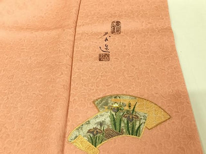 平和屋着物●螺鈿作家 甲斐泰造監修 色無地 更紗花地紋 薄紅色 鈴乃屋扱い 正絹 逸品 AABA4551np