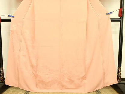 平和屋着物●無地絵羽訪問着　霞御所車花文地紋　色無地　珊瑚色　正絹　逸品　AABA4570np