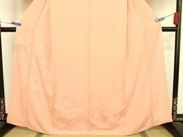 平和屋着物●無地絵羽訪問着　霞御所車花文地紋　色無地　珊瑚色　正絹　逸品　AABA4570np