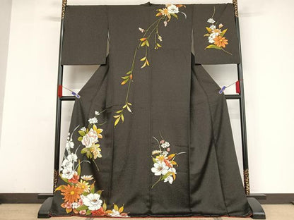 平和屋着物●訪問着 手描き 草花文 黒地 金通し地 丹後ちりめん 反端付き ロング丈 正絹 逸品 AABA4583np