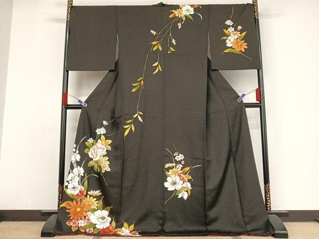 平和屋着物●訪問着 手描き 草花文 黒地 金通し地 丹後ちりめん 反端付き ロング丈 正絹 逸品 AABA4583np