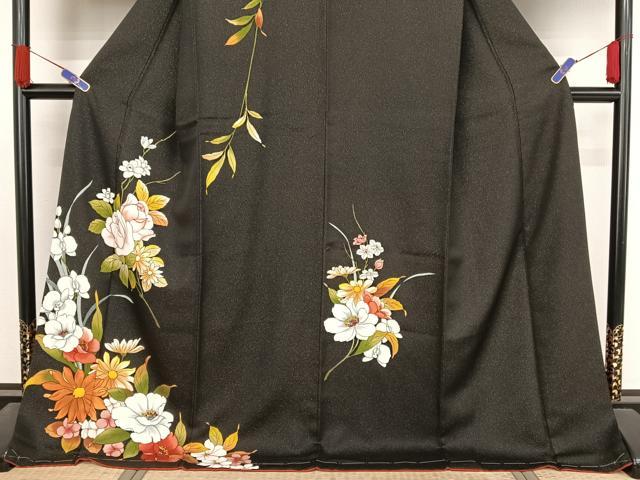平和屋着物●訪問着 手描き 草花文 黒地 金通し地 丹後ちりめん 反端付き ロング丈 正絹 逸品 AABA4583np