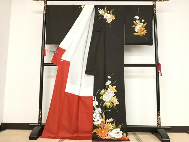 平和屋着物●訪問着 手描き 草花文 黒地 金通し地 丹後ちりめん 反端付き ロング丈 正絹 逸品 AABA4583np