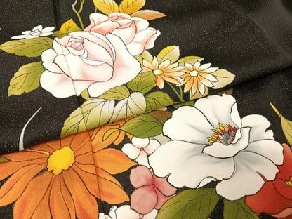 平和屋着物●訪問着 手描き 草花文 黒地 金通し地 丹後ちりめん 反端付き ロング丈 正絹 逸品 AABA4583np