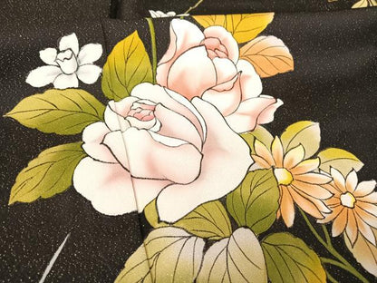 平和屋着物●訪問着 手描き 草花文 黒地 金通し地 丹後ちりめん 反端付き ロング丈 正絹 逸品 AABA4583np