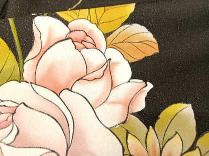 平和屋着物●訪問着 手描き 草花文 黒地 金通し地 丹後ちりめん 反端付き ロング丈 正絹 逸品 AABA4583np