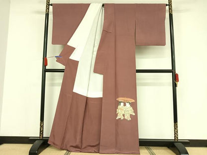 平和屋着物●加賀友禅の巨匠　初代　由水十久　色留袖　童子　長春色地　正絹　逸品　AABA4587np
