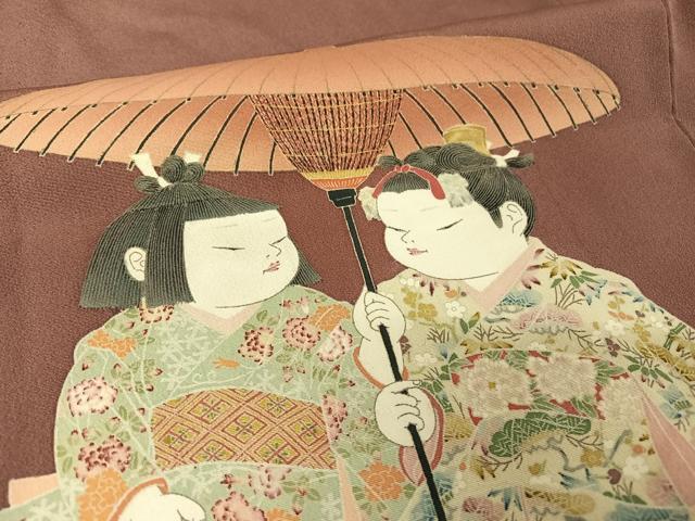 平和屋着物●加賀友禅の巨匠　初代　由水十久　色留袖　童子　長春色地　正絹　逸品　AABA4587np