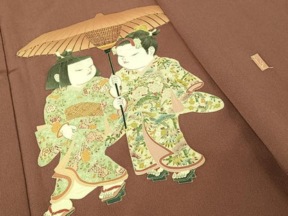 平和屋着物●加賀友禅の巨匠　初代　由水十久　色留袖　童子　長春色地　正絹　逸品　AABA4587np