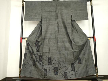 平和屋着物●結城紬 訪問着 100亀甲 短冊枝花文 黒地 正絹 逸品 AABA4657ck
