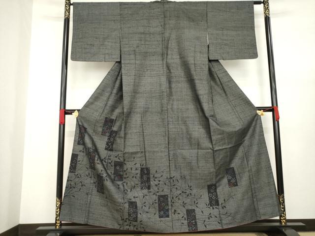 平和屋着物●結城紬 訪問着 100亀甲 短冊枝花文 黒地 正絹 逸品 AABA4657ck