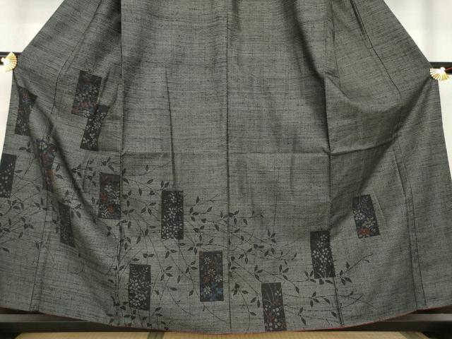 平和屋着物●結城紬 訪問着 100亀甲 短冊枝花文 黒地 正絹 逸品 AABA4657ck
