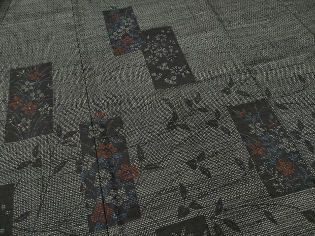 平和屋着物●結城紬 訪問着 100亀甲 短冊枝花文 黒地 正絹 逸品 AABA4657ck