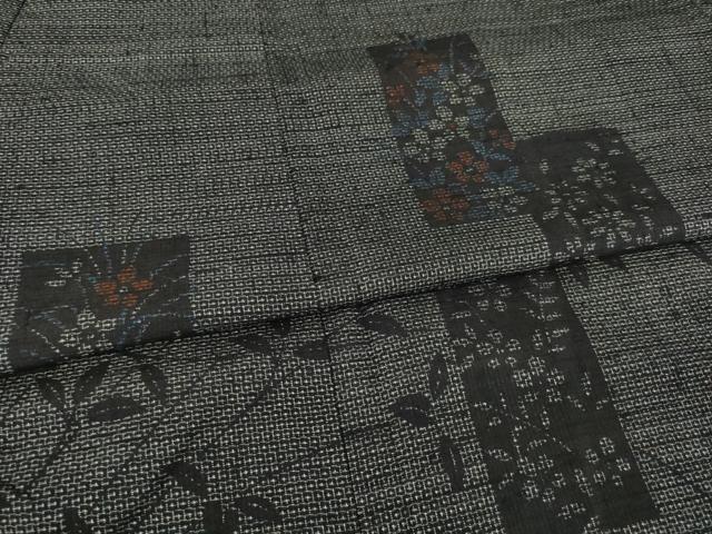 平和屋着物●結城紬 訪問着 100亀甲 短冊枝花文 黒地 正絹 逸品 AABA4657ck