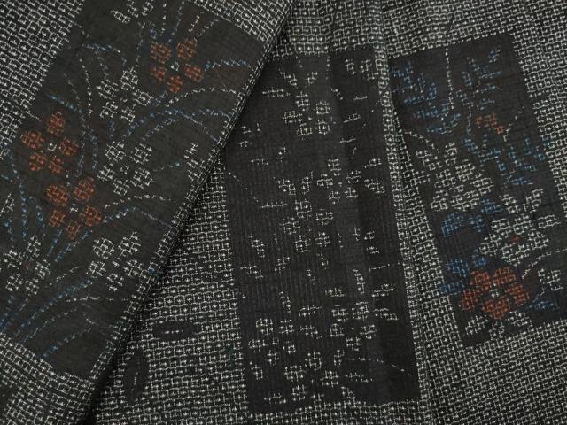 平和屋着物●結城紬 訪問着 100亀甲 短冊枝花文 黒地 正絹 逸品 AABA4657ck