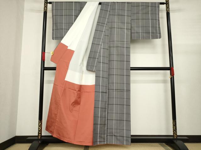 平和屋着物●上質な紬 格子 正絹 逸品 AABA4671ck