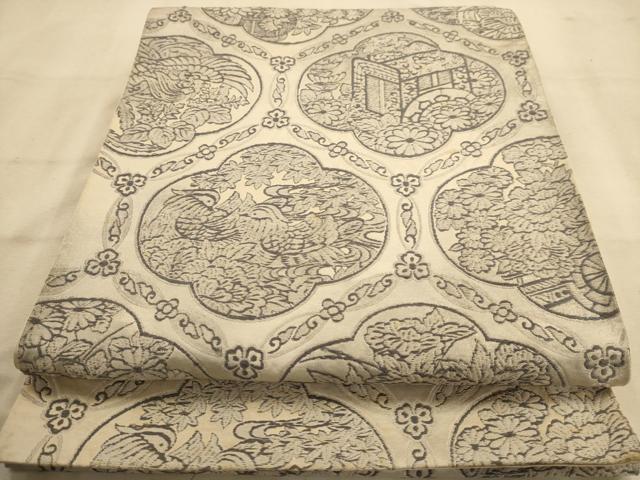 平和屋着物◎六通柄袋帯　花鳥文　銀糸　正絹　逸品　AABA4686dt
